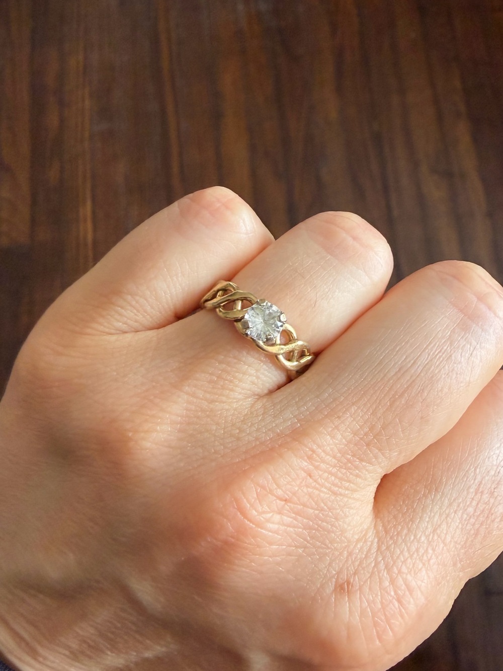 Vintage Gold Tone Braided Solitaire Ring Clear Faux Stone